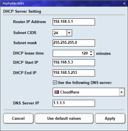 dhcp settings in mypublicwifi
